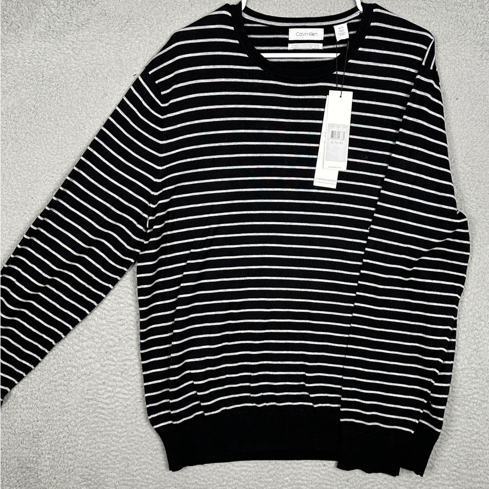 NEW Calvin Klein Supima Cotton Sweater Mens XL Black White Striped Lightweight